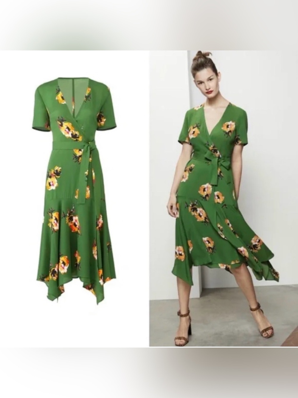 A.L.C. Green Floral Print Silk Wrap Dress V-neck Short sleeves Asymmetrical 4
